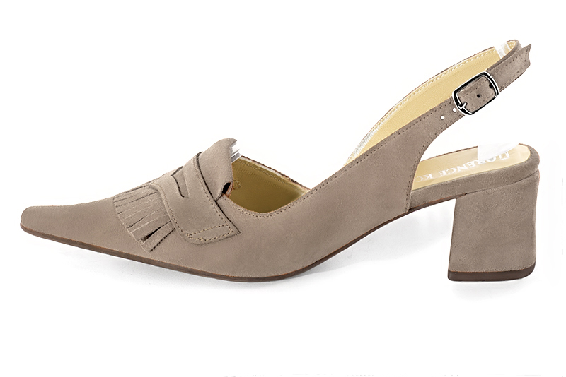 Tan beige women's slingback shoes. Pointed toe. Medium block heels. Profile view - Florence KOOIJMAN